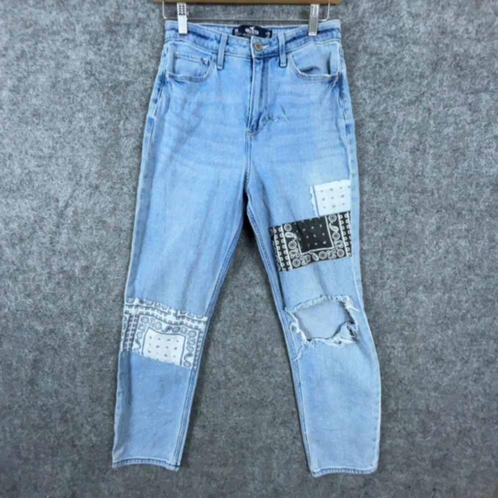 Hollister Mom Jeans Womens 3R Blue Patchwork Ripped Stretch Ultra High Waisted